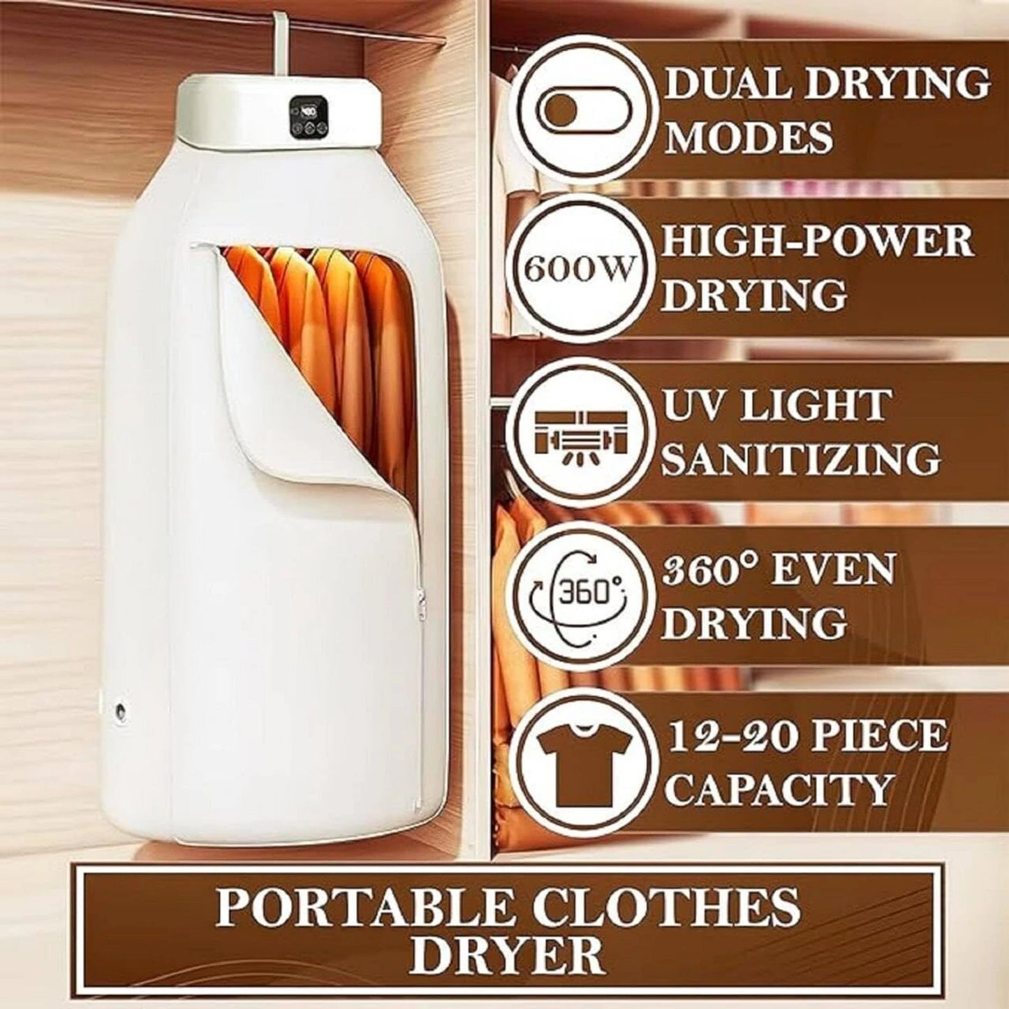 Electric Cloth Warmer – Portable Automatic Wet Clothing Air Warmer for Home, Towel Rack & Warming Bag Use, Fast Drying, White, ABS Material