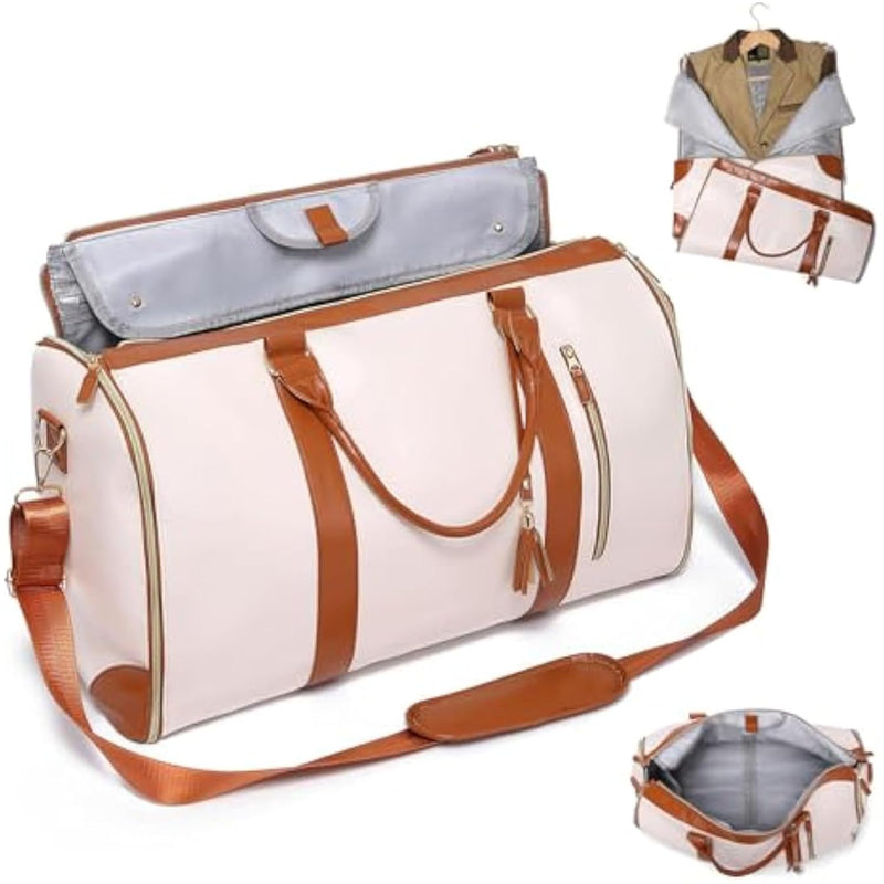 SANTORINI Foldable Duffle Bag for Travel | Convertible Carry on Large Size Garments Bag | Water Resistant Luggage Bag with Shoe Pouch. Unisex (Beige)